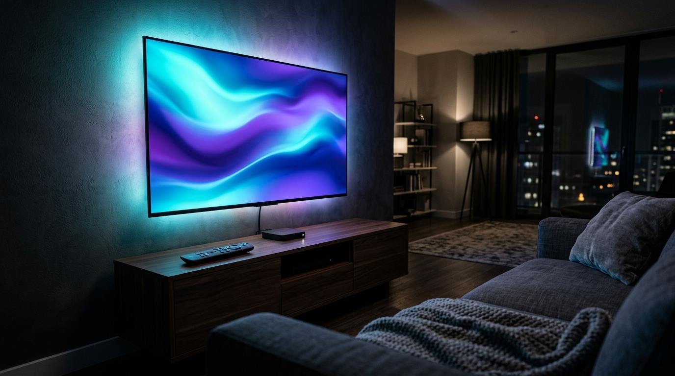 Wall-mounted 4K smart TV with a Fire TV streaming stick and remote on a media console in a dark living room